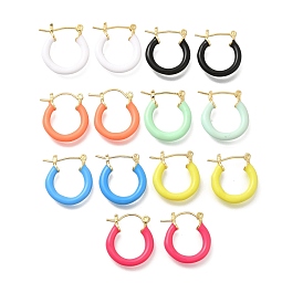 Brass Enamel Hoop Earrings for Women, Flat Round, Light Gold