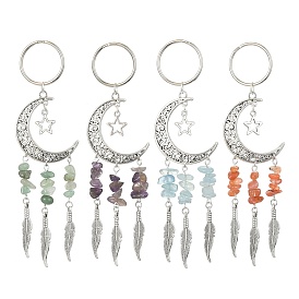 Alloy Moon with Feather Pendant Decorations, with Gemstone Chips and Star Charms