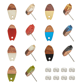 Transparent Resin & Walnut Wood Stud Earring Findings, with 304 Stainless Steel Pin, Oval, 201 Stainless Steel Ear Nuts