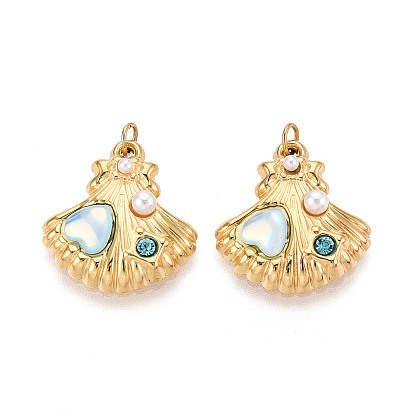 304 подвески из нержавеющей стали с кристаллами паве и искусственным жемчугом из АБС-пластика, форма ракушки с сердцем, с целью перехода в кольце, ионное покрытие (ip), реальный 18 k позолоченный