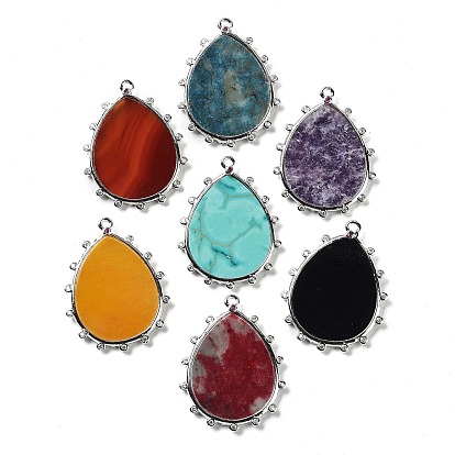 Natural Gemstone Pendants, Rack Plating Brass Pave Clear Cubic Zirconia Teardrop Charms