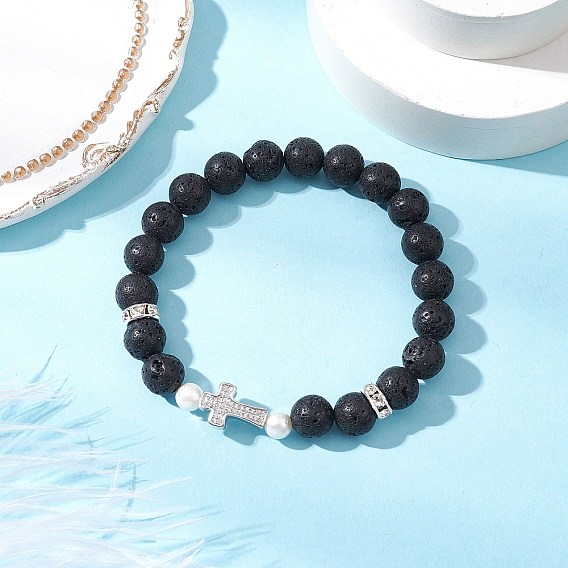 Природных драгоценных камней круглых бусин растянуть браслеты, Браслеты из латунных бусин-крестов с микропаве из кубического циркония для женщин, с жемчугом из раковины 