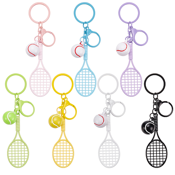 7Pcs 7 Colors Tennis with Tennis Rackets Alloy Keychians, with Lobster Claw Clasps, Sports Theme