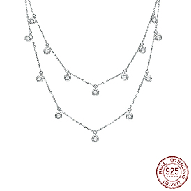 Rhodium Plated 925 Sterling Silver Micro Pave Clear Cubic Zirconia Double Layer Necklaces, Flat Round