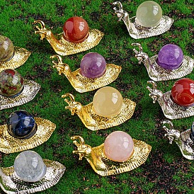 Natural Gemstone Display Decoration, Snail Golden Tone Metal Holder for Home Feng Shui Ornament