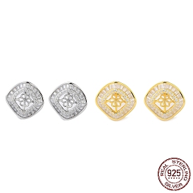 Hallazgos de aretes de plata esterlina chapados en rodio, con un claro zirconia cúbico, plaza, por medio perforó perlas, con sello s925