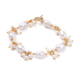 Natural Keshi Pearl Bracelets, with Copper Wire, 304 Stainless Steel Toggle Clasps and Cardboard Boxes, Golden