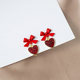 Red Heart Oil Drop Earrings with Tassel, Butterfly Bow and Peach-shaped Charm for Sweet Girls' Elegant Style