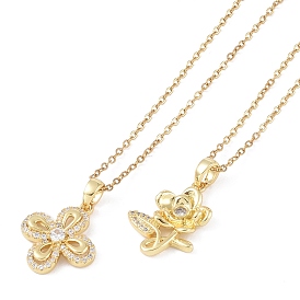 201 Stainless Steel Cable Chain Necklaces, Brass Micro Pave Clear Cubic Zirconia Pendant Necklaces, Flower