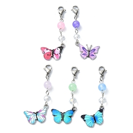 Printed Alloy Butterfly Pendant Decorations, Natural & Dyed Malaysia Jade and Lobster Claw Clasps Charm