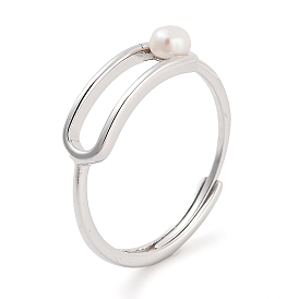 Round Natural Pearl Finger Rings, Rhodium Plated 925 Sterling Silver Adjustable Ring for Women