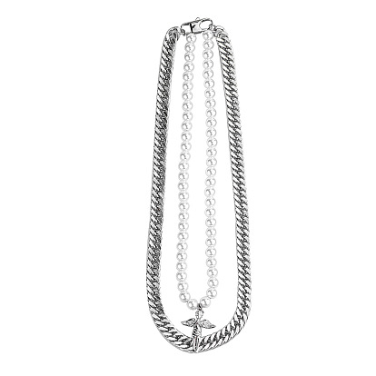 Titanium Steel Cuban Link & Imitation Pearl Beaded Chains Double Layer Necklace, with Fairy Pendant