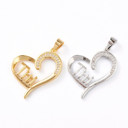Brass Micro Pave Clear Cubic Zirconia Pendants, Long-Lasting Plated, Heart with Word Titi