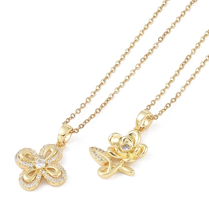 201 из нержавеющей стали кабель цепи ожерелья, ожерелья с подвесками из латуни с прозрачным кубическим цирконием и микропаве, цветок