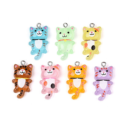 Подвески из светящейся прозрачной смолы, форма кошки, с платиновой железной петлей и блестящей пудрой, светится в темноте