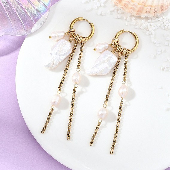 Pendientes colgantes de perlas cultivadas naturales de agua dulce para mujer, con 202 aretes de aro huggie de acero inoxidable