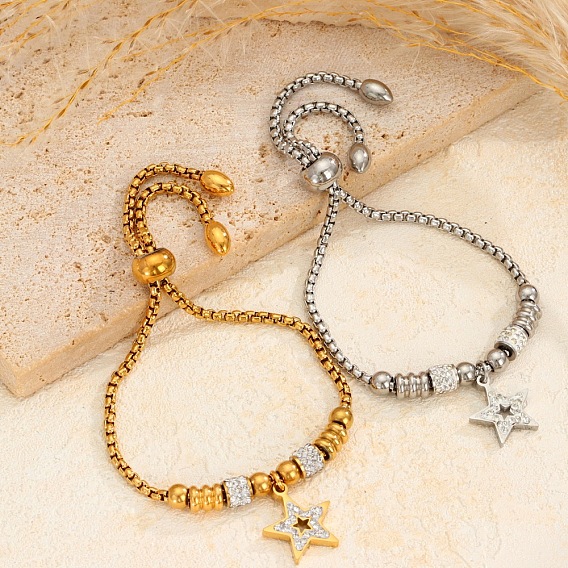 Регулируемые 304 браслеты-слайдеры из нержавеющей стали с кристаллами и стразами, браслеты-цепочки для женщин, звезда
