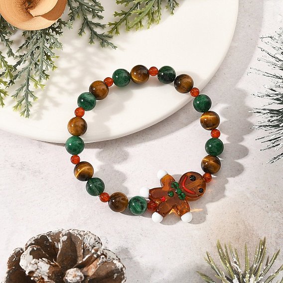 Weihnachtliche, handgefertigte, runde, elastische Armbänder mit Glasperlen in Form eines Lebkuchenmanns aus natürlichem Karneol, Tigerauge und Fuchsit