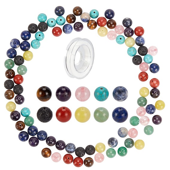 DIY Chakra Themed Stretch Bracelets Making Kits, with Round Gemstone Beads and Elastic Thread