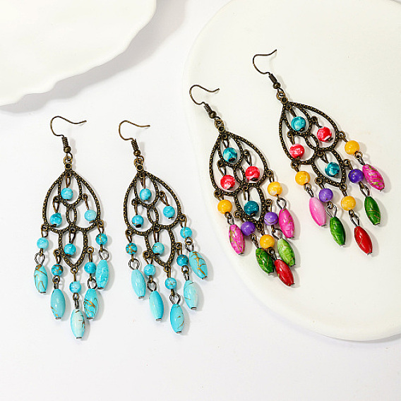 Плетеная паутина/сетка из синтетических драгоценных камней, серьги с овальными висячими кисточками, антикварные железные украшения с бронзовым покрытием для женщин