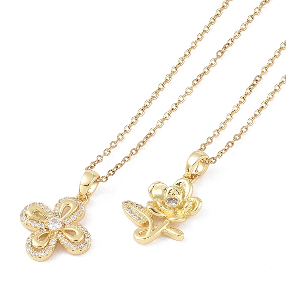 201 из нержавеющей стали кабель цепи ожерелья, ожерелья с подвесками из латуни с прозрачным кубическим цирконием и микропаве, цветок