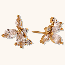 Minimalist Luxe Stainless Steel Gold-Plated Triple Flower CZ Stud Earrings for Women