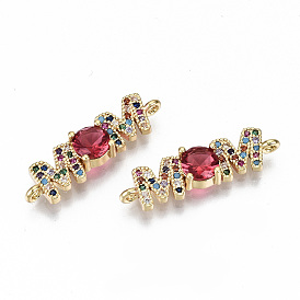 Brass Micro Pave Colorful Cubic Zirconia Links Connectors, for Mother's Day, Nickel Free, Word Mom