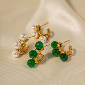 Classic Stainless Steel Hammer Pattern 18 Gold Inlaid Green Agate Pearl Earrings Fashion Versatile Earrings