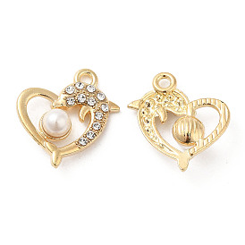 Alloy Pendants, with Crystal Rhinstone and ABS Plastic Imitation Pearl, Heart with Dolphin Charm, Lead Free & Cadmium Free