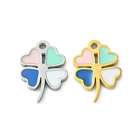 304 Stainless Steel Manual Polishing Charms, with Enamel, Clover Charm