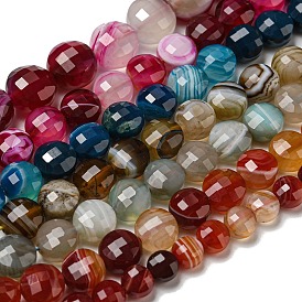 Natural Banded Agate Beads Strands, Faceted, Dyed, Flat Round