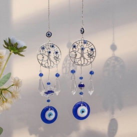 Metal Flat Round with Tree of Life & Evil Eye Hanging Ornaments, Glass Tassel Suncatchers for Home Garden Ornament