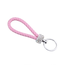 PU Leather Knitting Cord Keychains, with Platinum Tone Plated Alloy Clasps and Polymer Clay Rhinestone