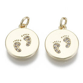 Brass Micro Pave Cubic Zirconia Charms, with Jump Ring, Nickel Free, Flat Round with Footprints, Real 16K Gold Plated