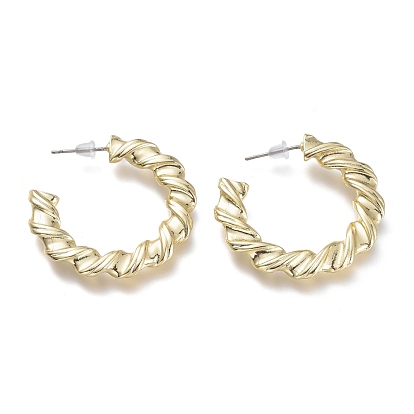 Brass Stud Earrings, Half Hoop Earrings, with 304 Stainless Steel Pins and Plastic Ear Nuts, Twist Flat Ring