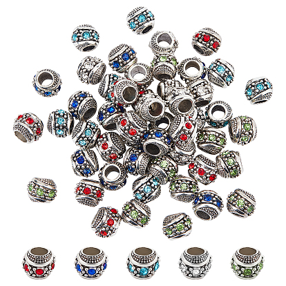 50Pcs 5 Colors  Antique Silver Plated Alloy Rhinestone European Beads, Rondelle Large Hole Beads