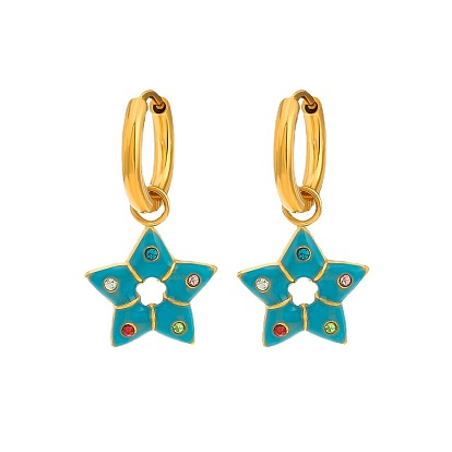 Colorful Oil Drop Inlaid Diamond Pentagram Earrings - Unique Design, Hollow Stainless Steel Ear Studs.