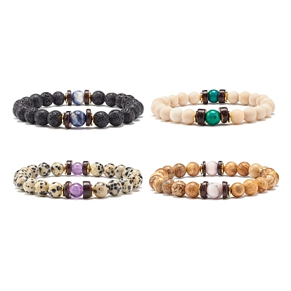 Natural & Synthetic Mixed Stone Round Beads Energy Power Stretch Bracelet, Coconut & Non-magnetic Synthetic Hematite Beads Bracelet for Women