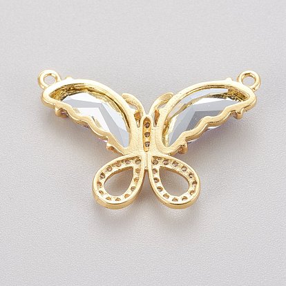 Brass Glass Pendants, with Clear Micro Pave Cubic Zirconia, Butterfly, Golden