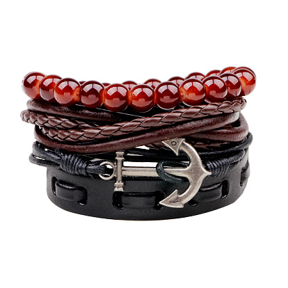 Retro Vintage Rope Anchor Bracelet - Fashionable Leather Bracelet, Agate Beaded Bracelet.