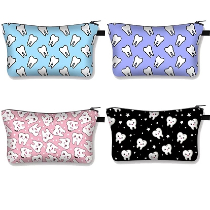 Cartoon Tooth Print Polyester Cosmetic Zipper Bag, Clutch Bags Ladies' Large Capacity Travel Storage Bag