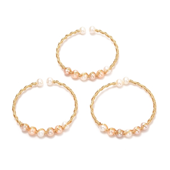 Brass Torque Bangles, with Naturalr Pearl, Long-Lasting Plated