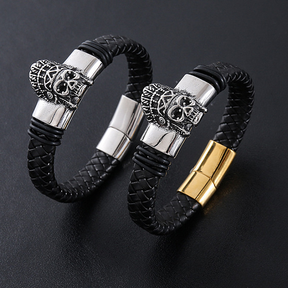 Браслеты из плетеного шнура из искусственной кожи в стиле панк, 304 Браслеты с подвесками в виде черепа из нержавеющей стали для мужчин, с магнитной застежкой