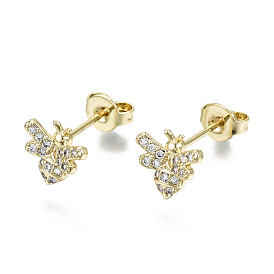 Brass Micro Pave Clear Cubic Zirconia Stud Earrings, with Ear Nuts, Nickel Free, Bees