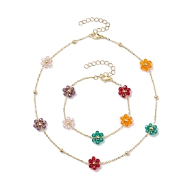 Наборы браслетов и ожерелий со стеклянными цветочными звеньями, украшения из латуни для женщин