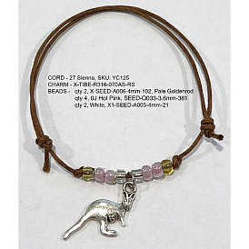Bracelets en corde de coton ciré, kangourou, avec des pendentifs en verre et en alliage