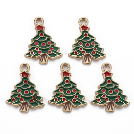 Alloy Enamel Pendants, Cadmium Free & Nickel Free & Lead Free, Christmas Trees, Light Gold