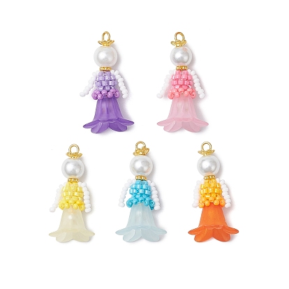 Glass Seed Beaded Pendants, Flower Angel Cahrm, with Glass Pearl & Acrylic & Iron