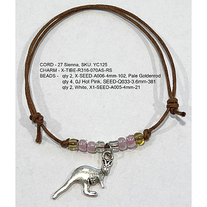 Bracelets en corde de coton ciré, kangourou, avec des pendentifs en verre et en alliage
