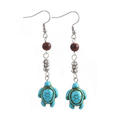 Synthetic Turquoise Dangle Earrings, with Natural Sandalwood and Alloy Beads, 304 Stainless Steel Earring Hooks, Mixed Shapes